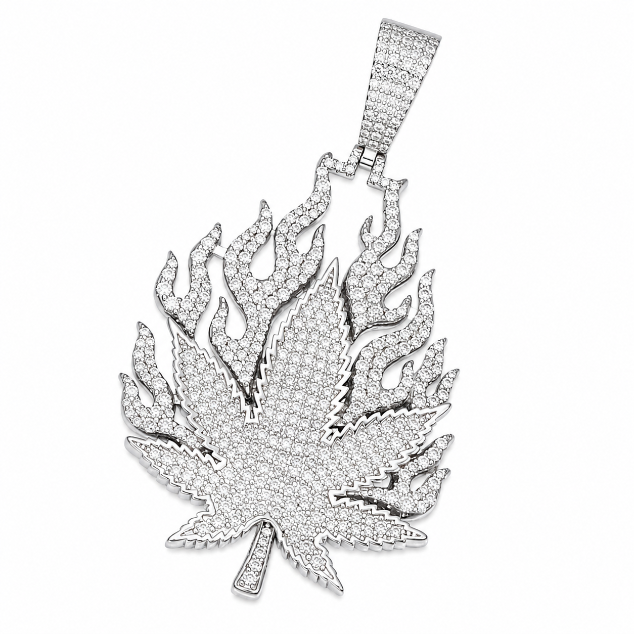 Flame Cannabis Leaf Moissanite Pendant  14K Gold Plated Over 925 Sterling Silver
