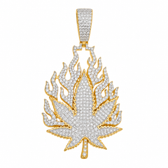 Flame Cannabis Leaf Moissanite Pendant  14K Gold Plated Over 925 Sterling Silver