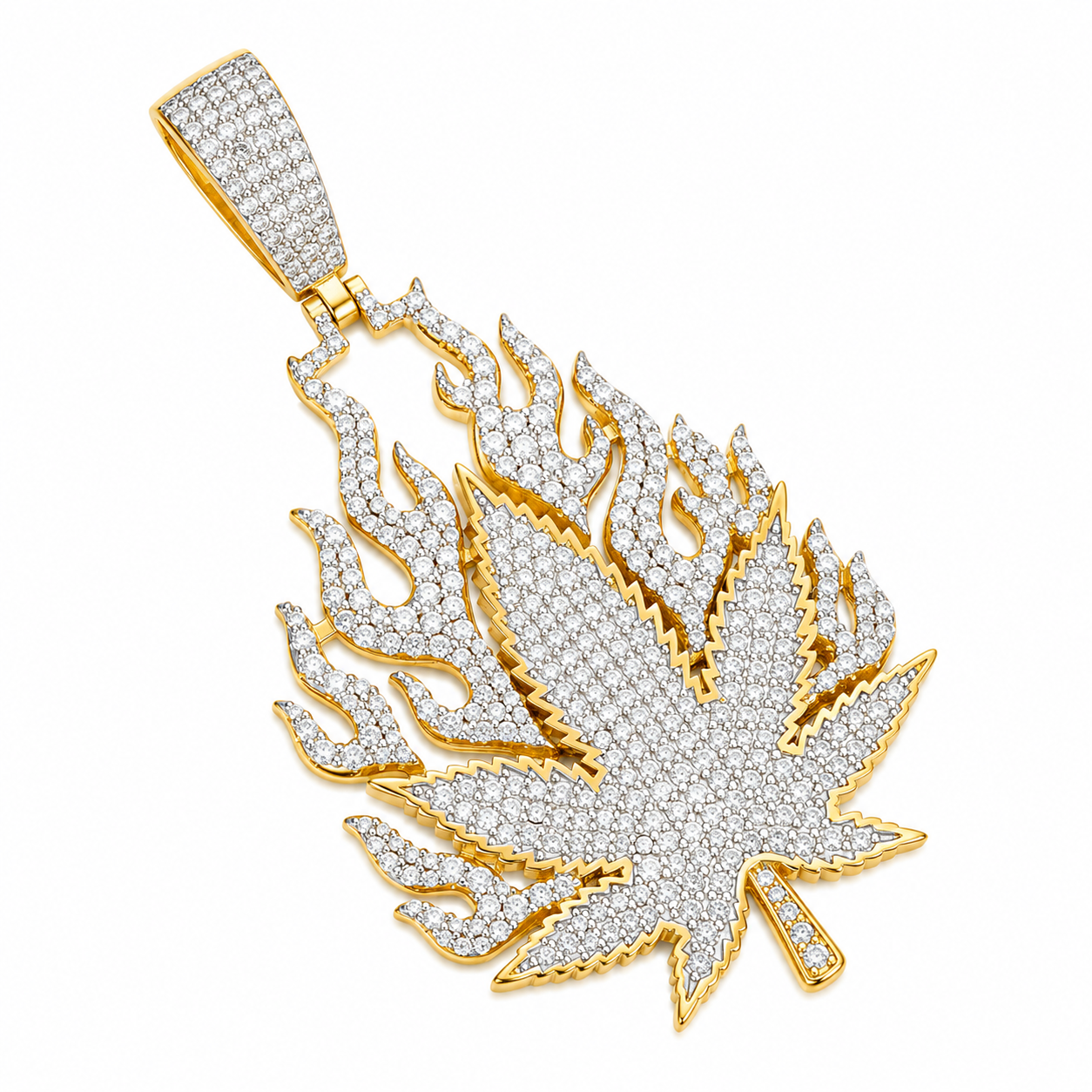 Flame Cannabis Leaf Moissanite Pendant  14K Gold Plated Over 925 Sterling Silver