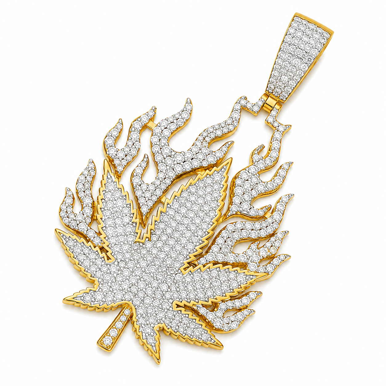 Flame Cannabis Leaf Moissanite Pendant  14K Gold Plated Over 925 Sterling Silver