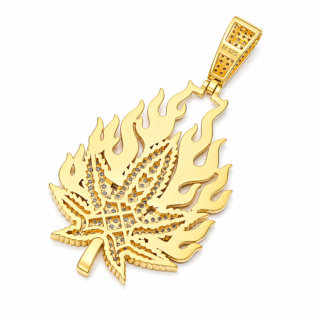 Flame Cannabis Leaf Moissanite Pendant  14K Gold Plated Over 925 Sterling Silver