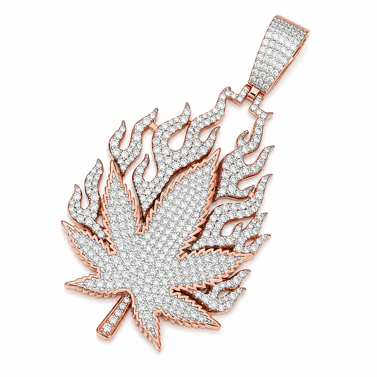Flame Cannabis Leaf Moissanite Pendant  14K Gold Plated Over 925 Sterling Silver