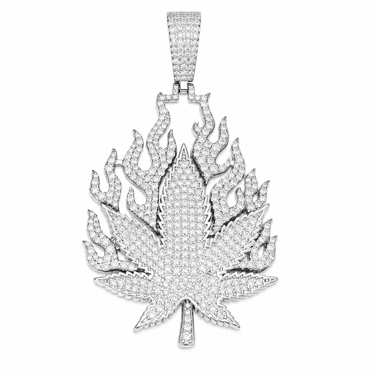 Flame Cannabis Leaf Moissanite Pendant  14K Gold Plated Over 925 Sterling Silver