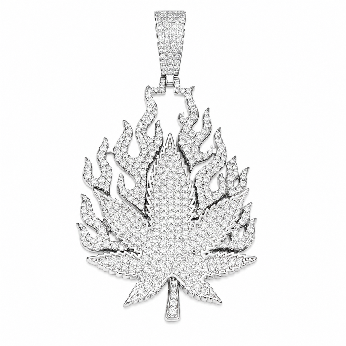 Flame Cannabis Leaf Moissanite Pendant  14K Gold Plated Over 925 Sterling Silver