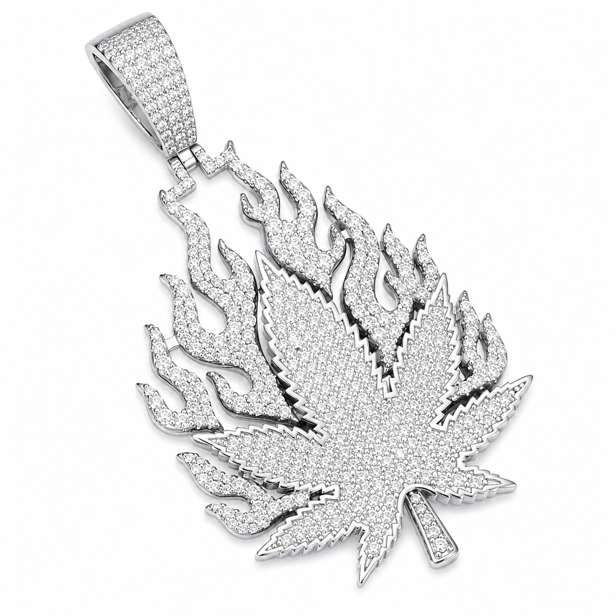 Flame Cannabis Leaf Moissanite Pendant  14K Gold Plated Over 925 Sterling Silver