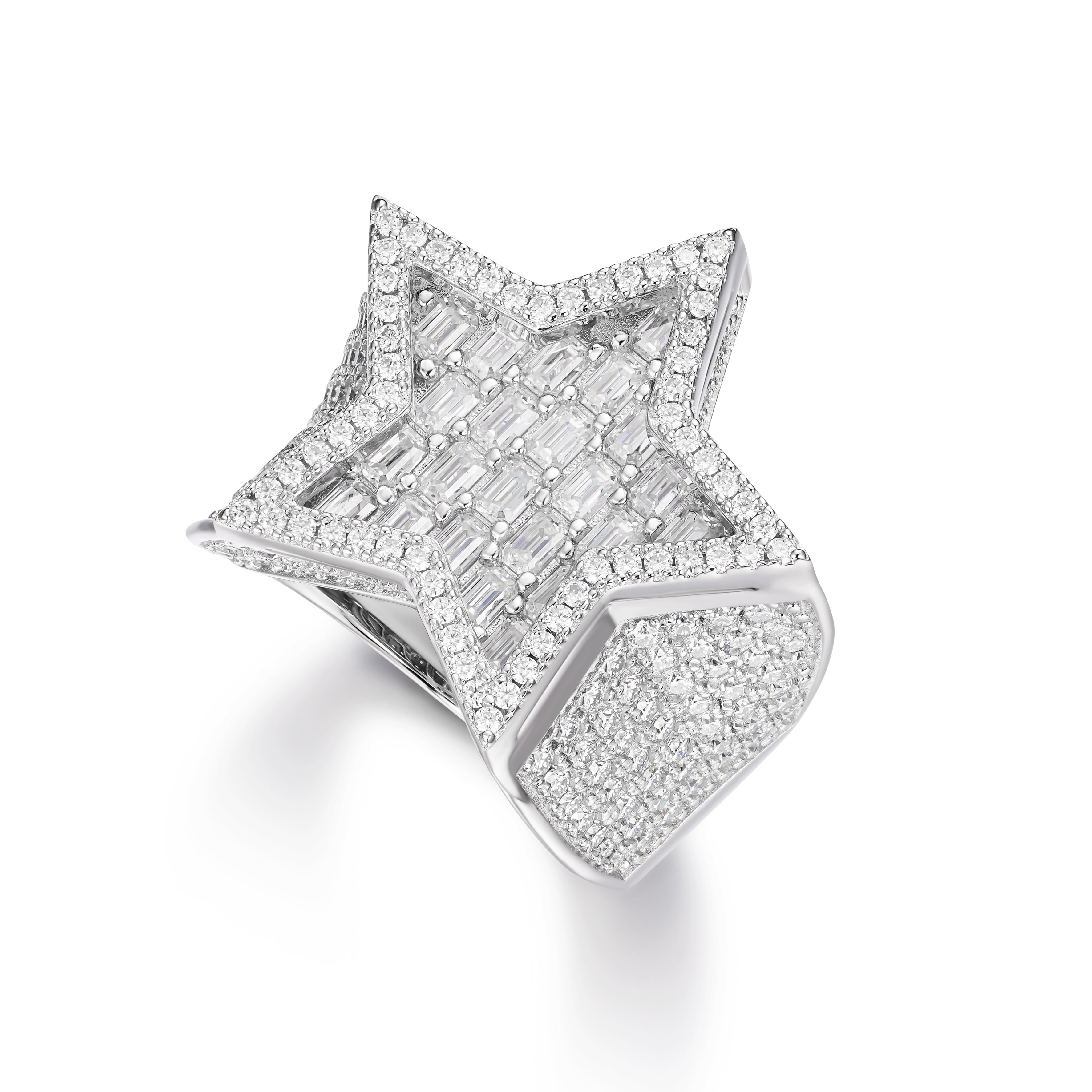 Full Iced Baguette Diamond Star Design VVS Moissanite Men Ring