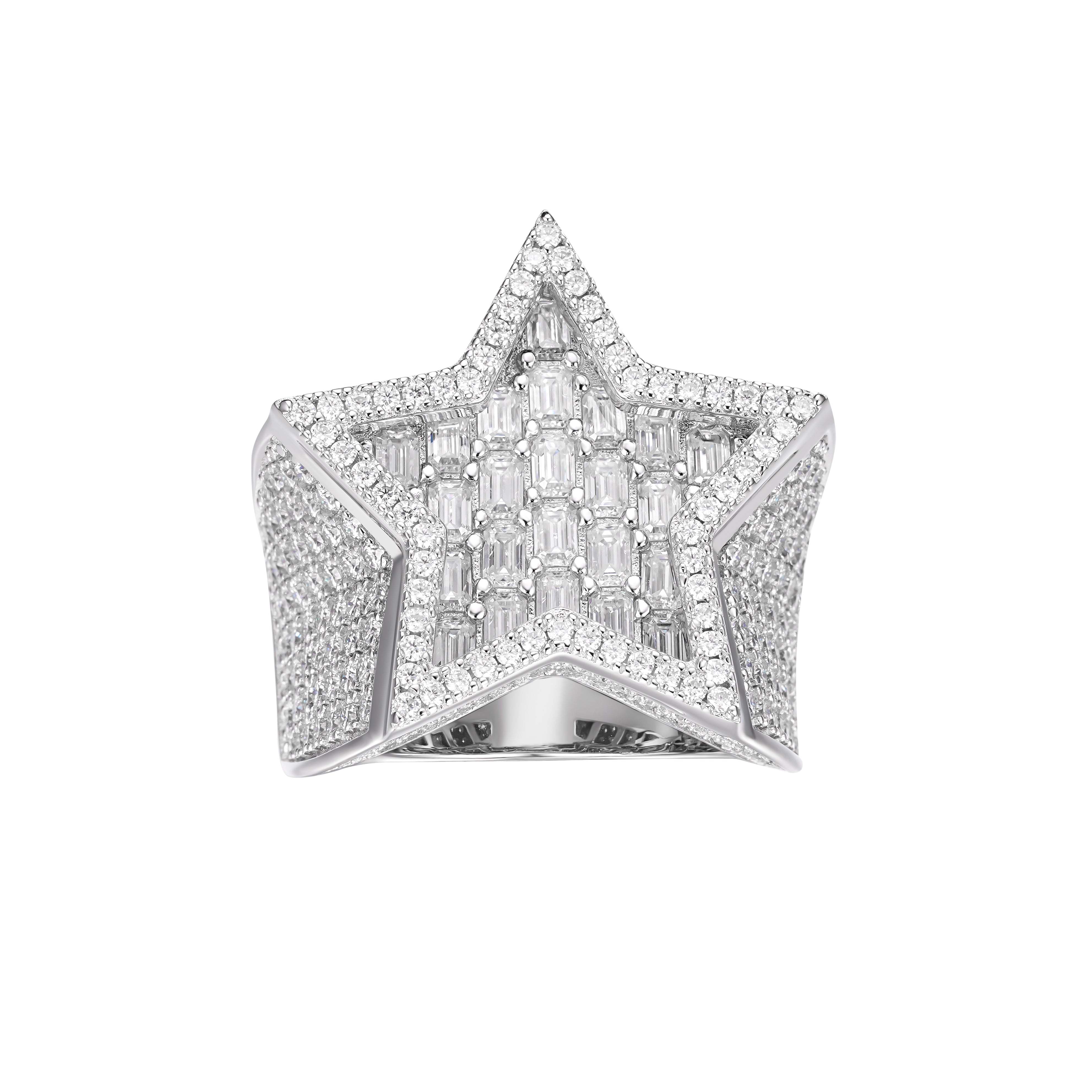 Full Iced Baguette Diamond Star Design VVS Moissanite Men Ring