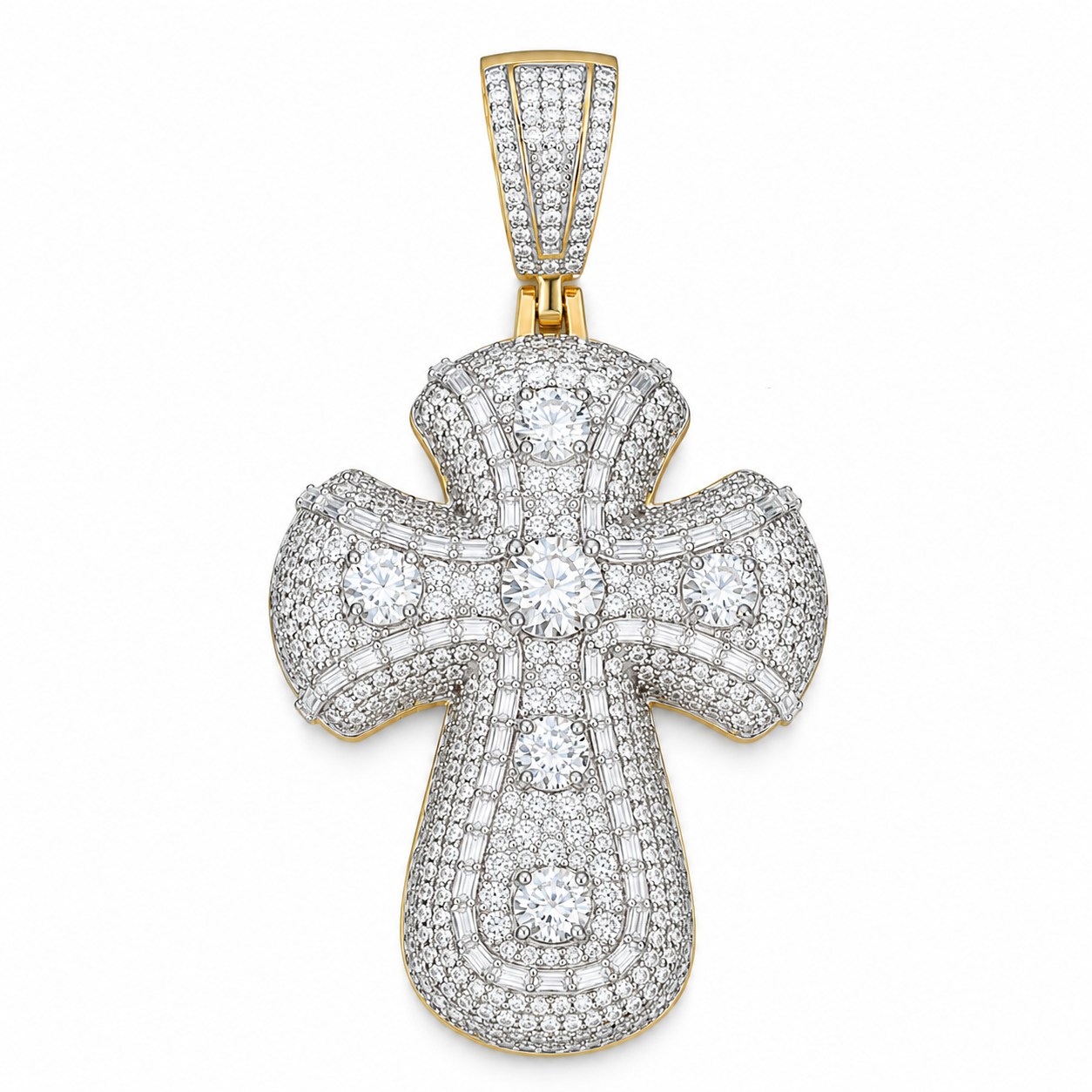 Baguette Iced Out Moissanite Cross Pendant | 14K Gold Plated Over 925 Sterling Silver