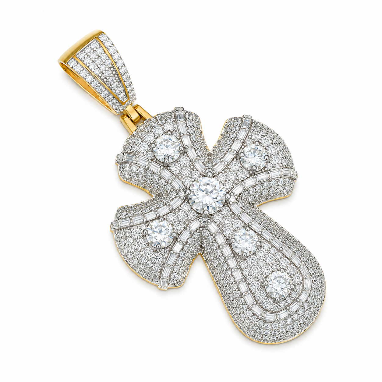 Baguette Iced Out Moissanite Cross Pendant | 14K Gold Plated Over 925 Sterling Silver