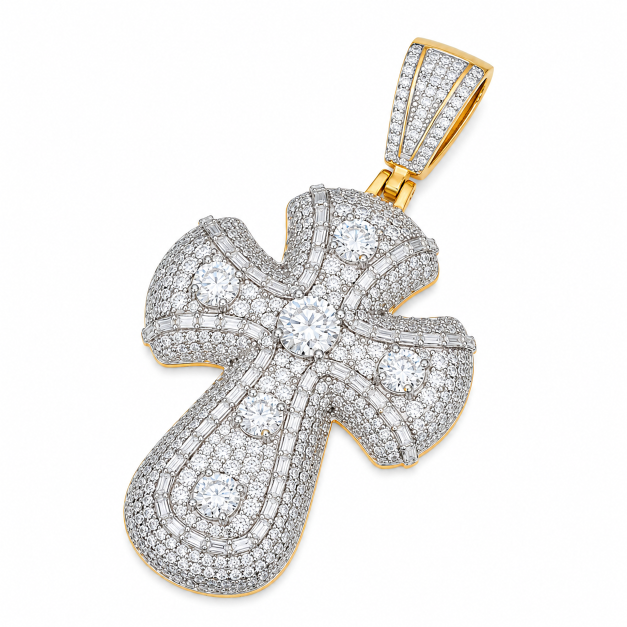 Baguette Iced Out Moissanite Cross Pendant | 14K Gold Plated Over 925 Sterling Silver