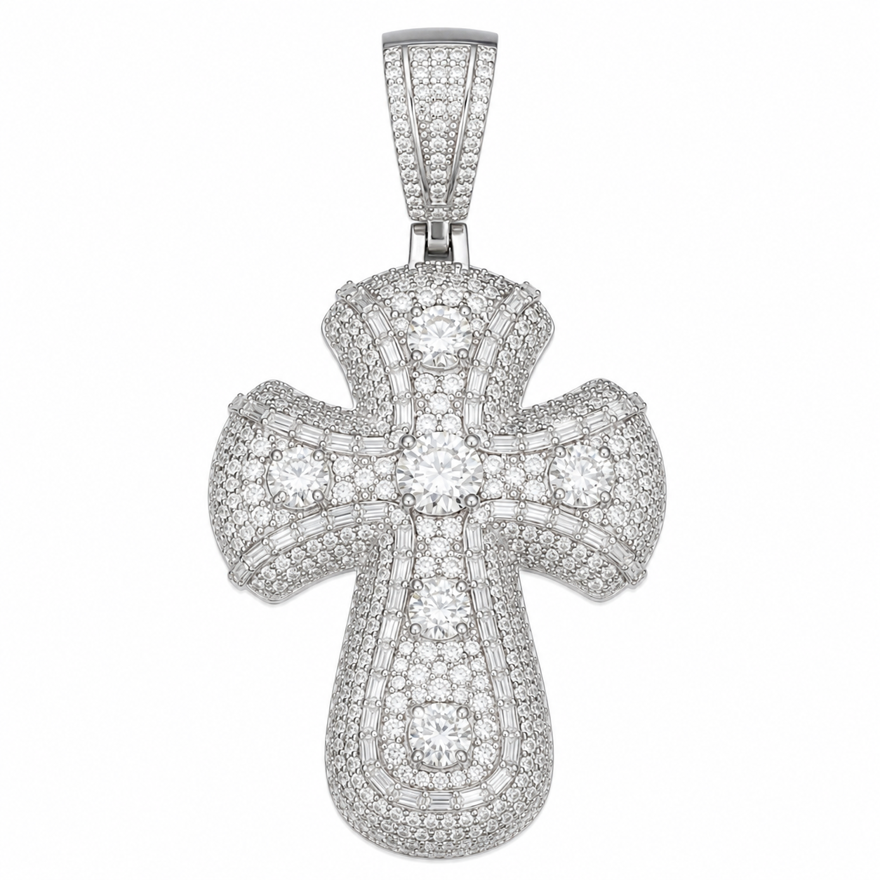 Baguette Iced Out Moissanite Cross Pendant | 14K Gold Plated Over 925 Sterling Silver