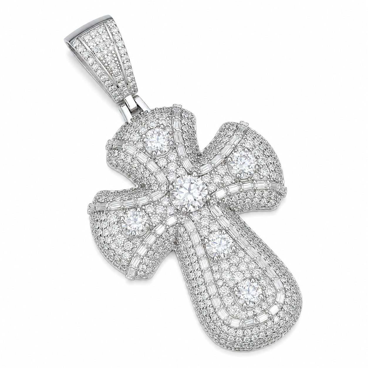 Baguette Iced Out Moissanite Cross Pendant | 14K Gold Plated Over 925 Sterling Silver