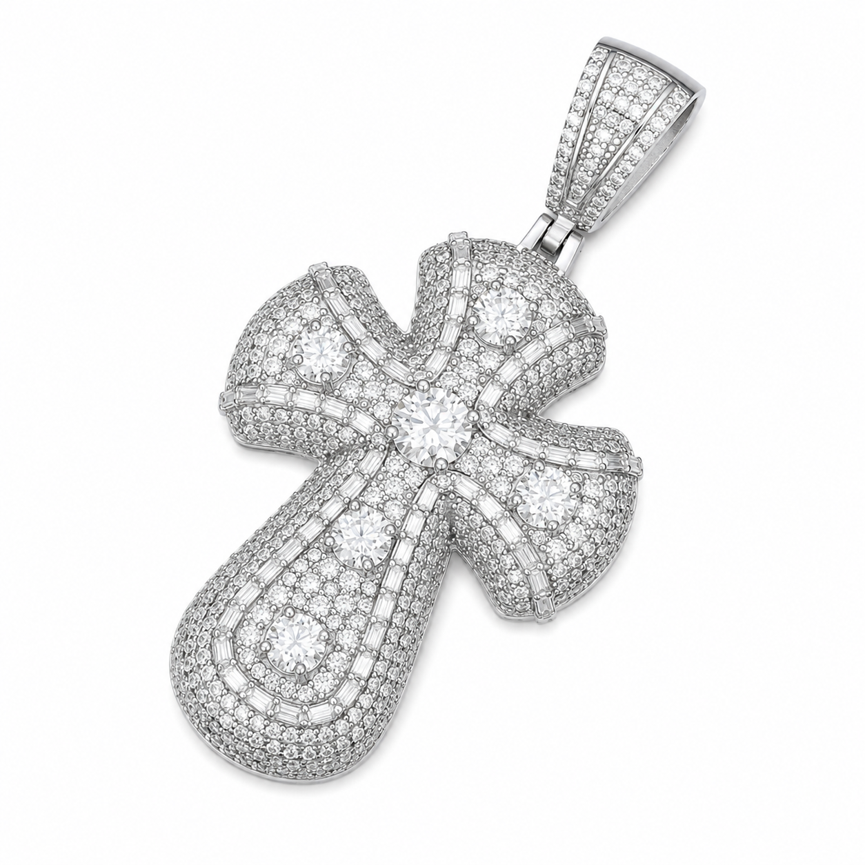 Baguette Iced Out Moissanite Cross Pendant | 14K Gold Plated Over 925 Sterling Silver