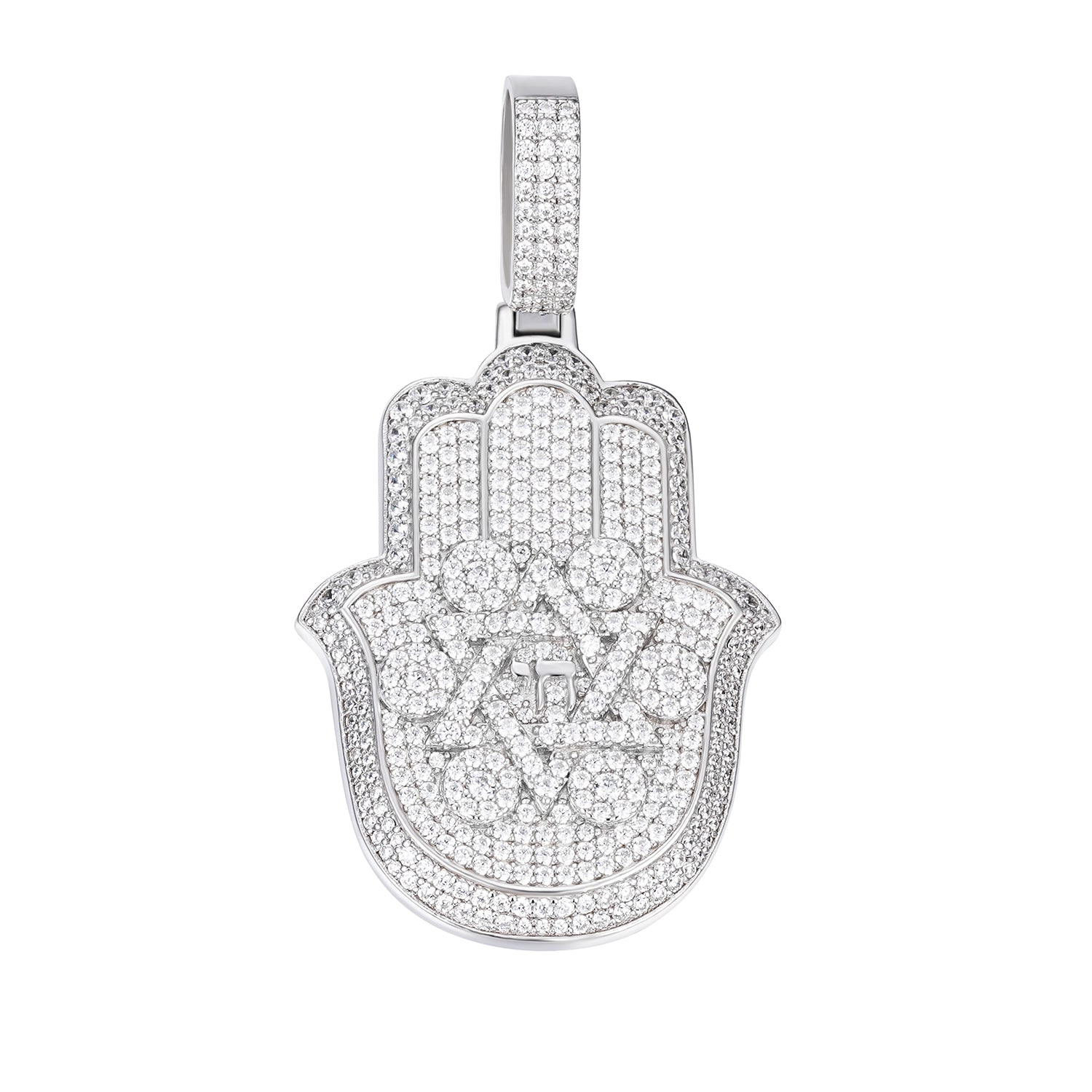 Hamsa Moissanite Pendant with Star of David and Hebrew Symbol