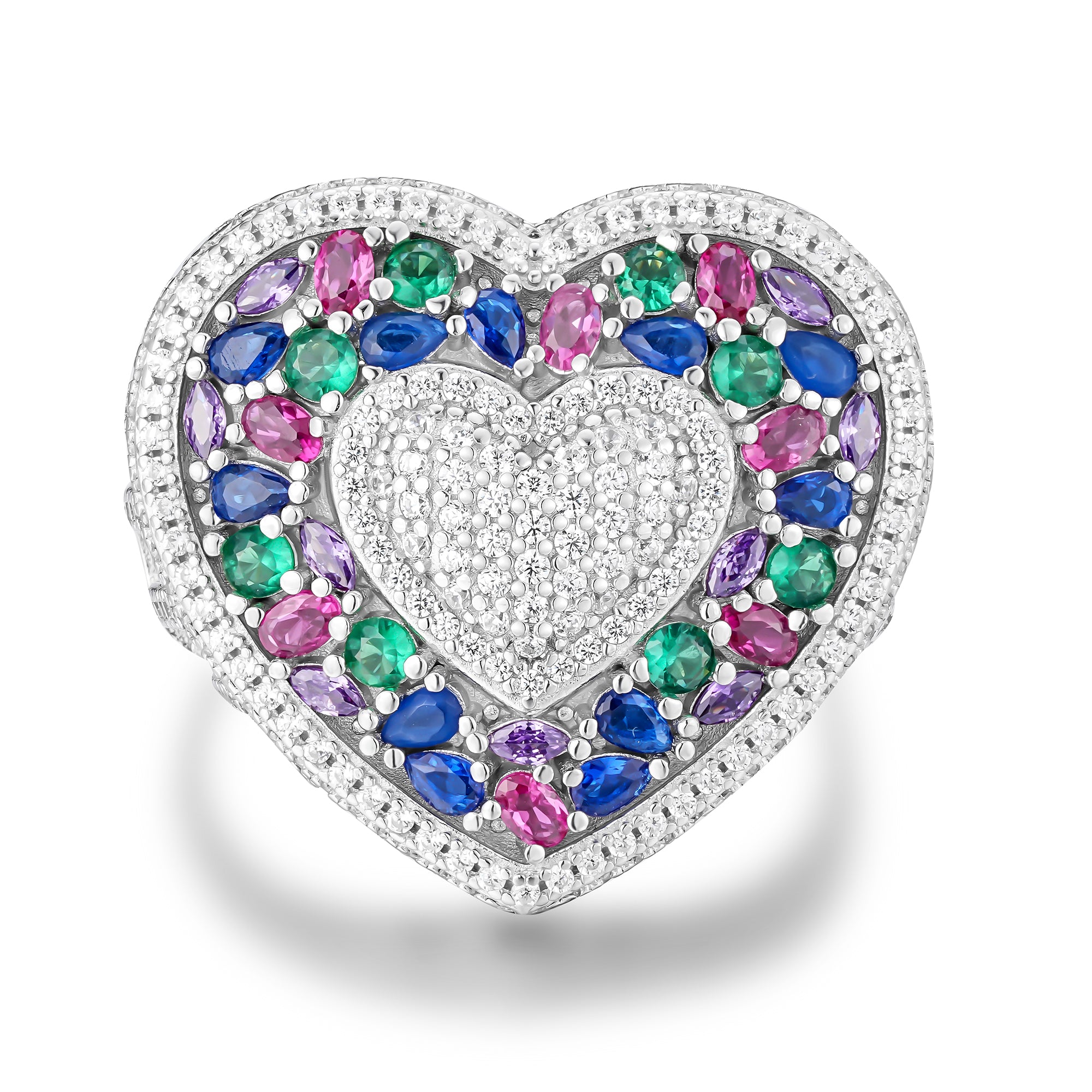Heart Shape Multicolor Gemstone Iced Out Ring – 925 Sterling Silver Luxury Jewelry | UIU Jewelry