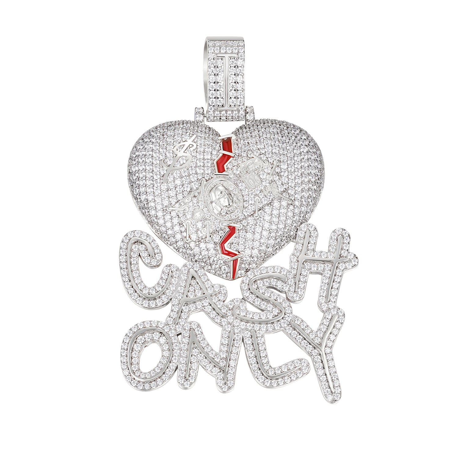 Iced-Out Broken Heart 'Cash Only' Pendant with Moissanite
