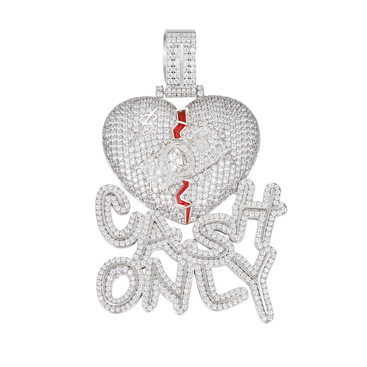 Iced-Out Broken Heart 'Cash Only' Pendant with Moissanite