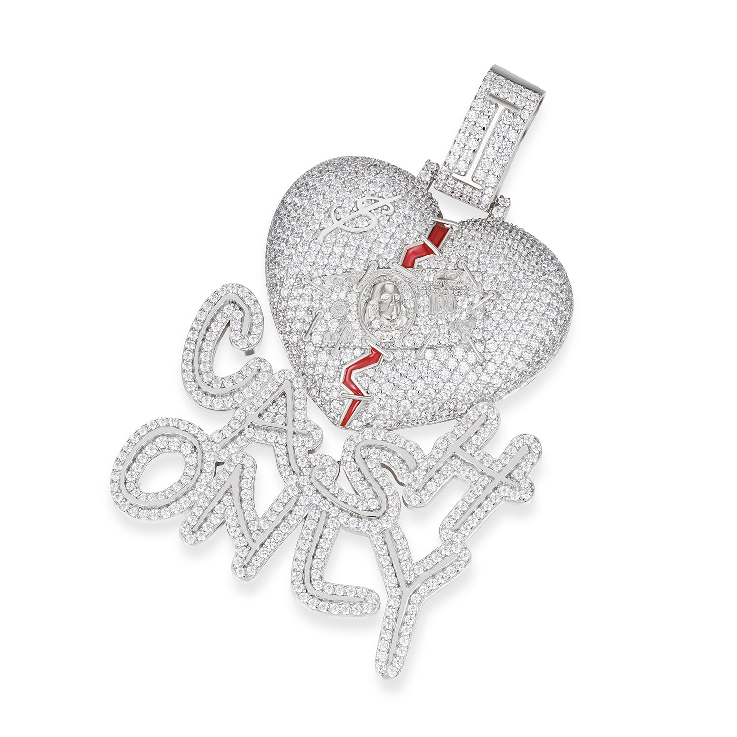 Iced-Out Broken Heart 'Cash Only' Pendant with Moissanite