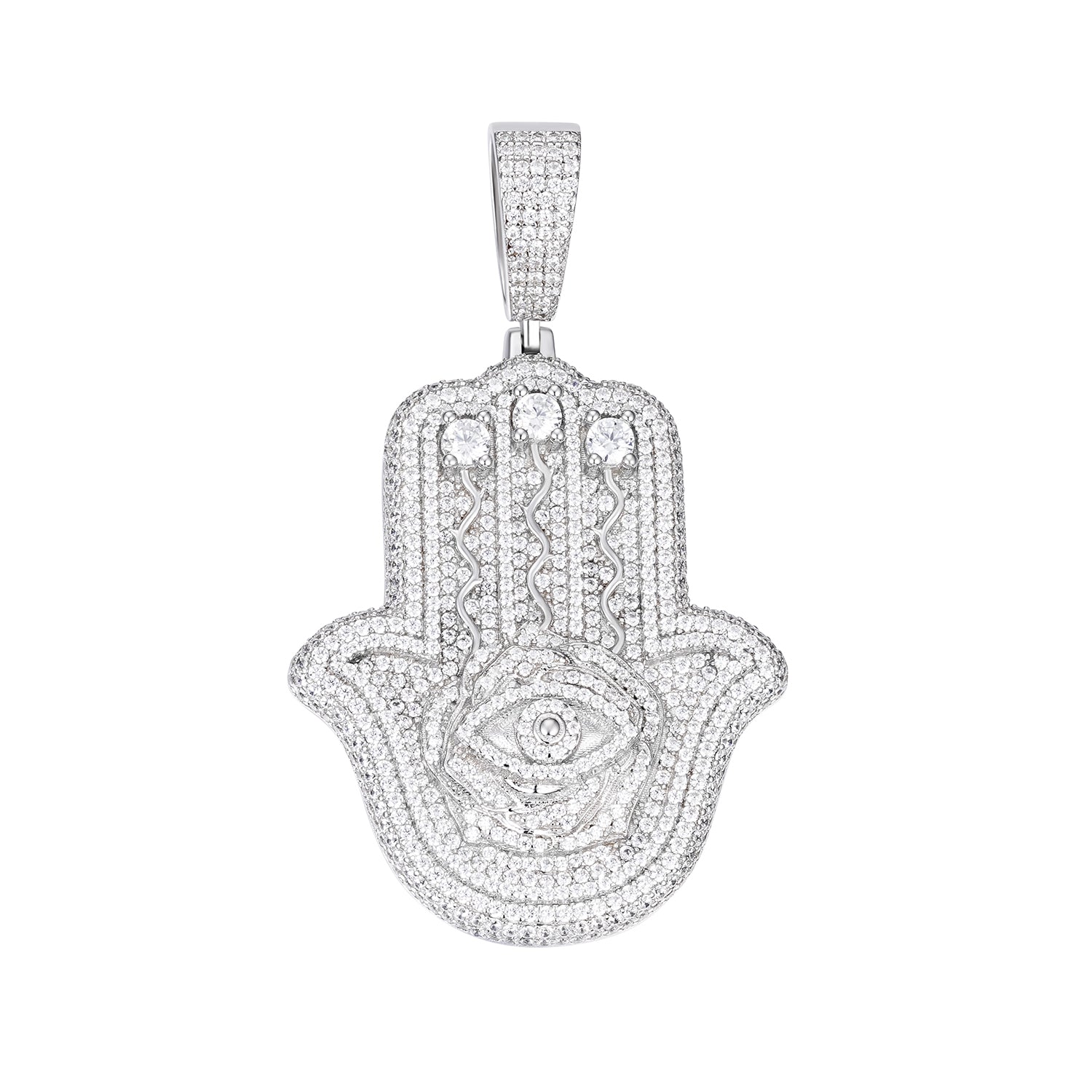 Iced-Out Hamsa Hand Pendant with VVS Moissanite and Evil Eye Symbol