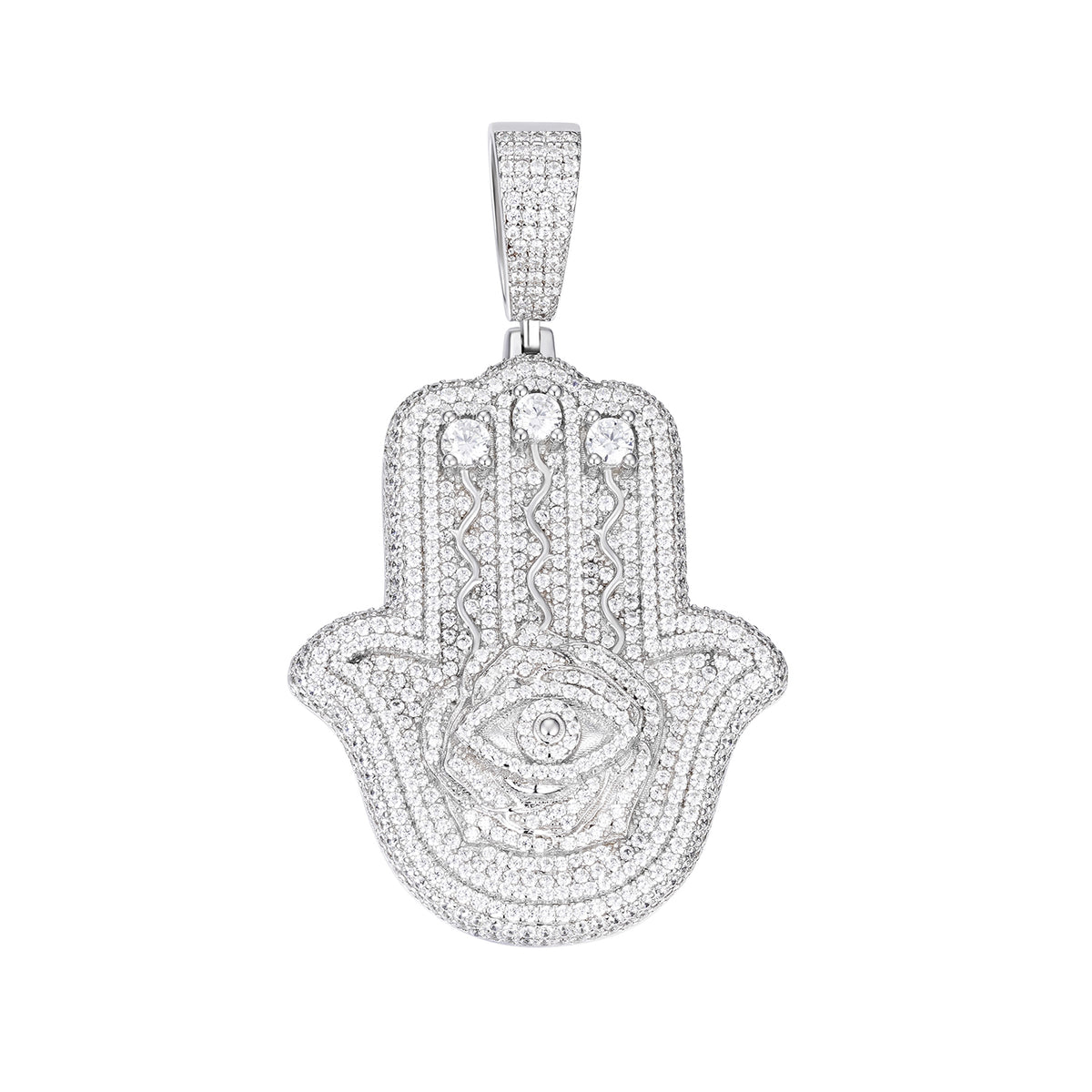 Iced-Out Hamsa Hand Pendant with VVS Moissanite and Evil Eye Symbol