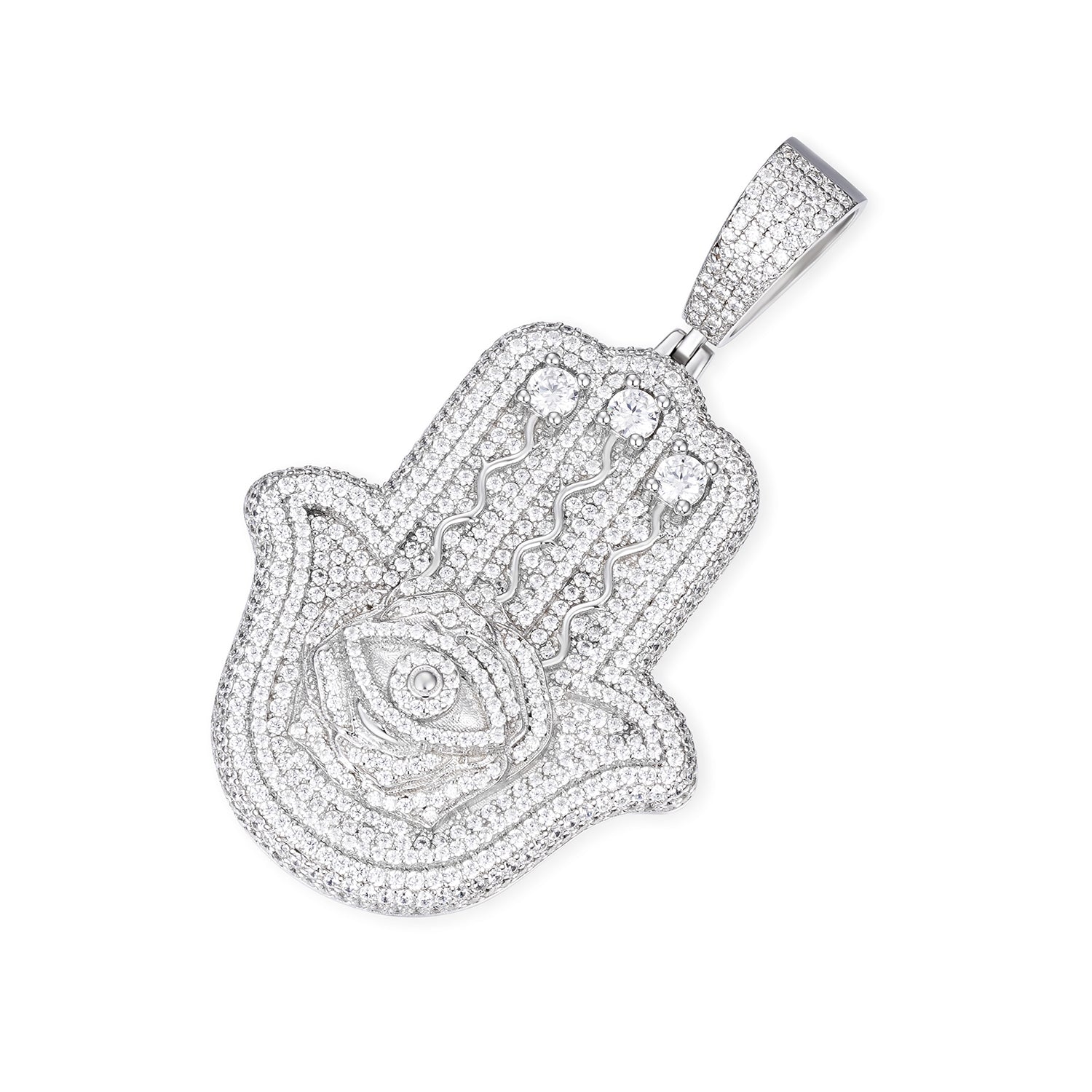 Iced-Out Hamsa Hand Pendant with VVS Moissanite and Evil Eye Symbol