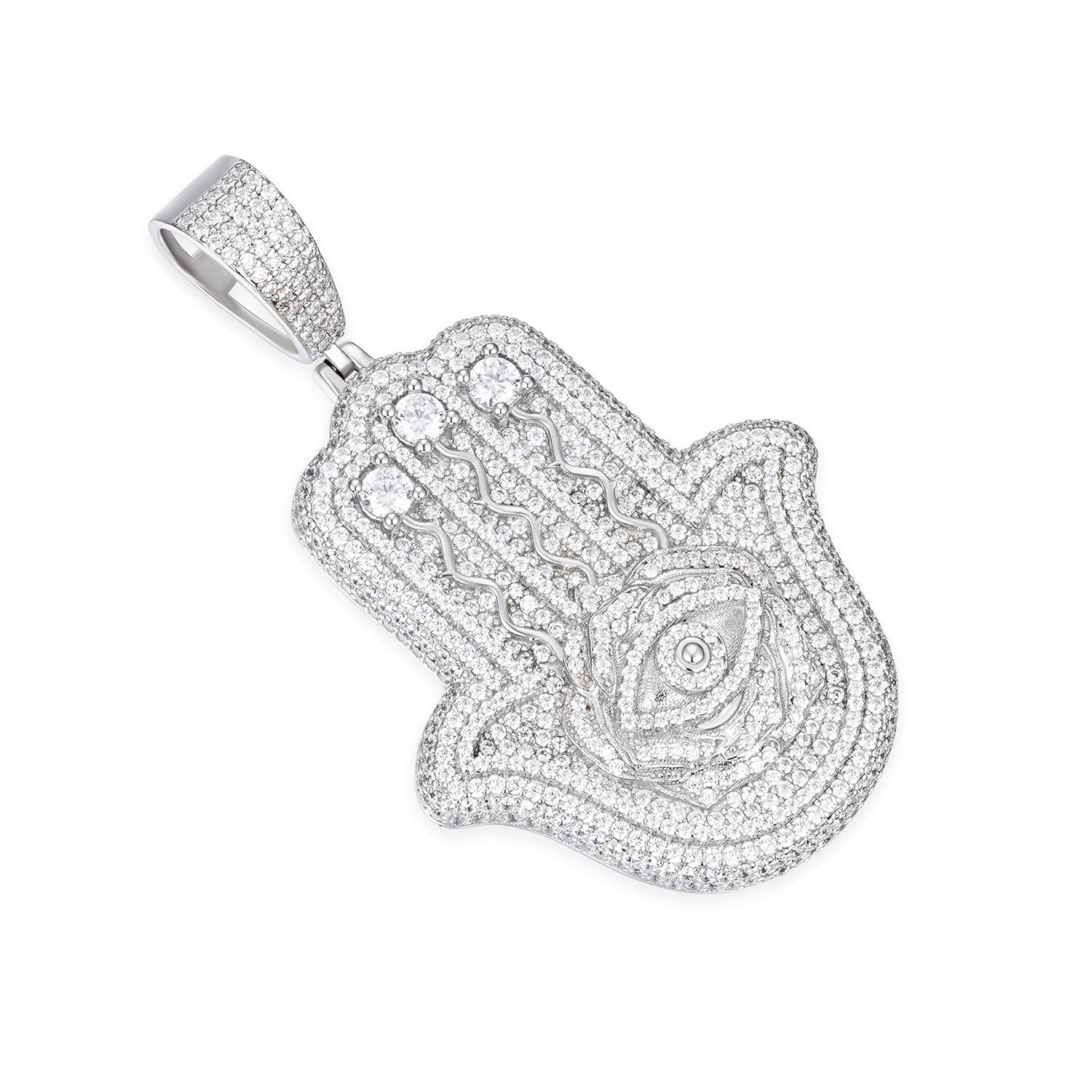 Iced-Out Hamsa Hand Pendant with VVS Moissanite and Evil Eye Symbol
