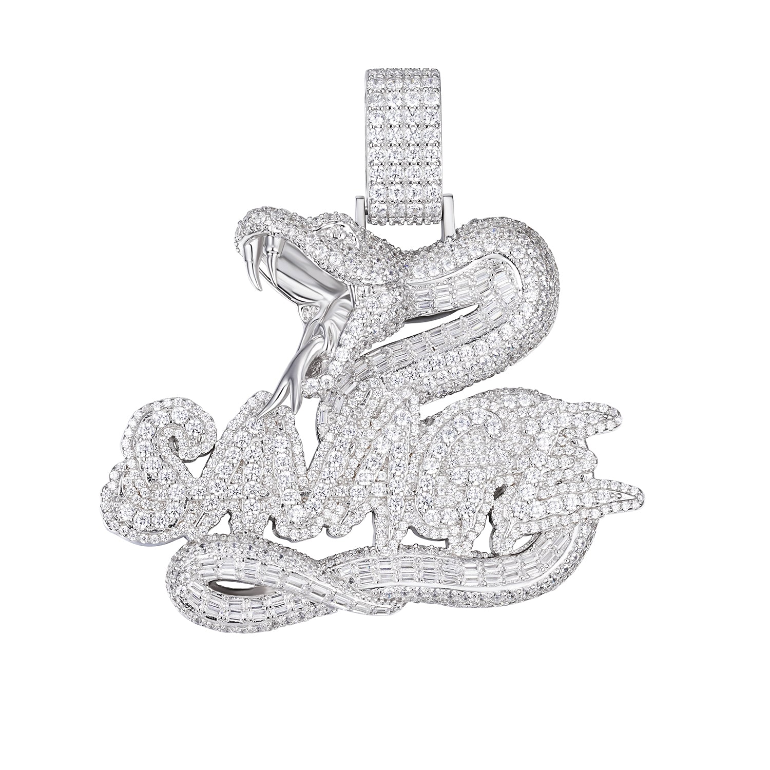 Iced-Out Snake and Savage Text Pendant with Moissanite