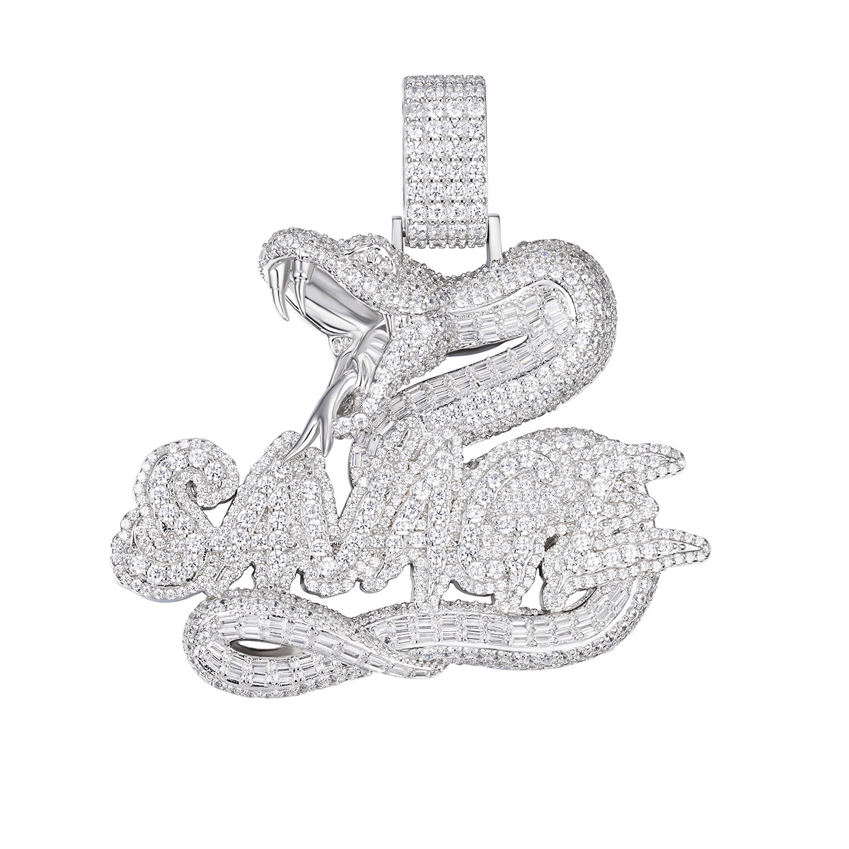 Iced-Out Snake and Savage Text Pendant with Moissanite