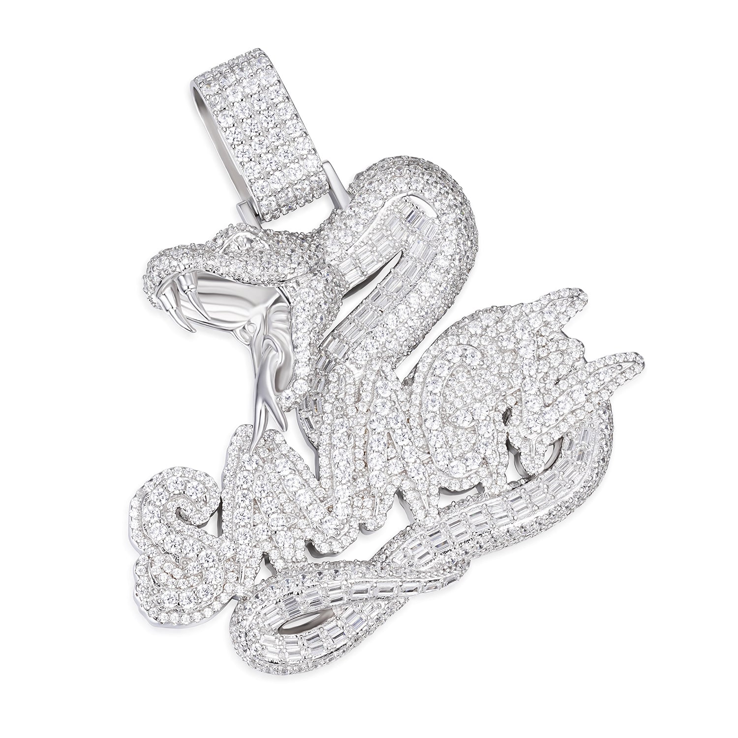 Iced-Out Snake and Savage Text Pendant with Moissanite