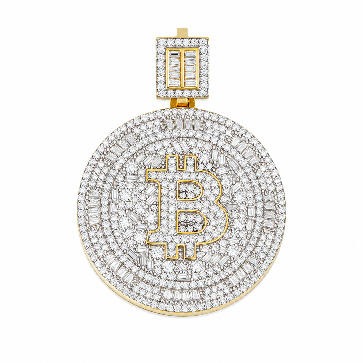 Iced Out Bitcoin Moissanite Pendant  14K Gold Plated Over 925 Sterling Silver