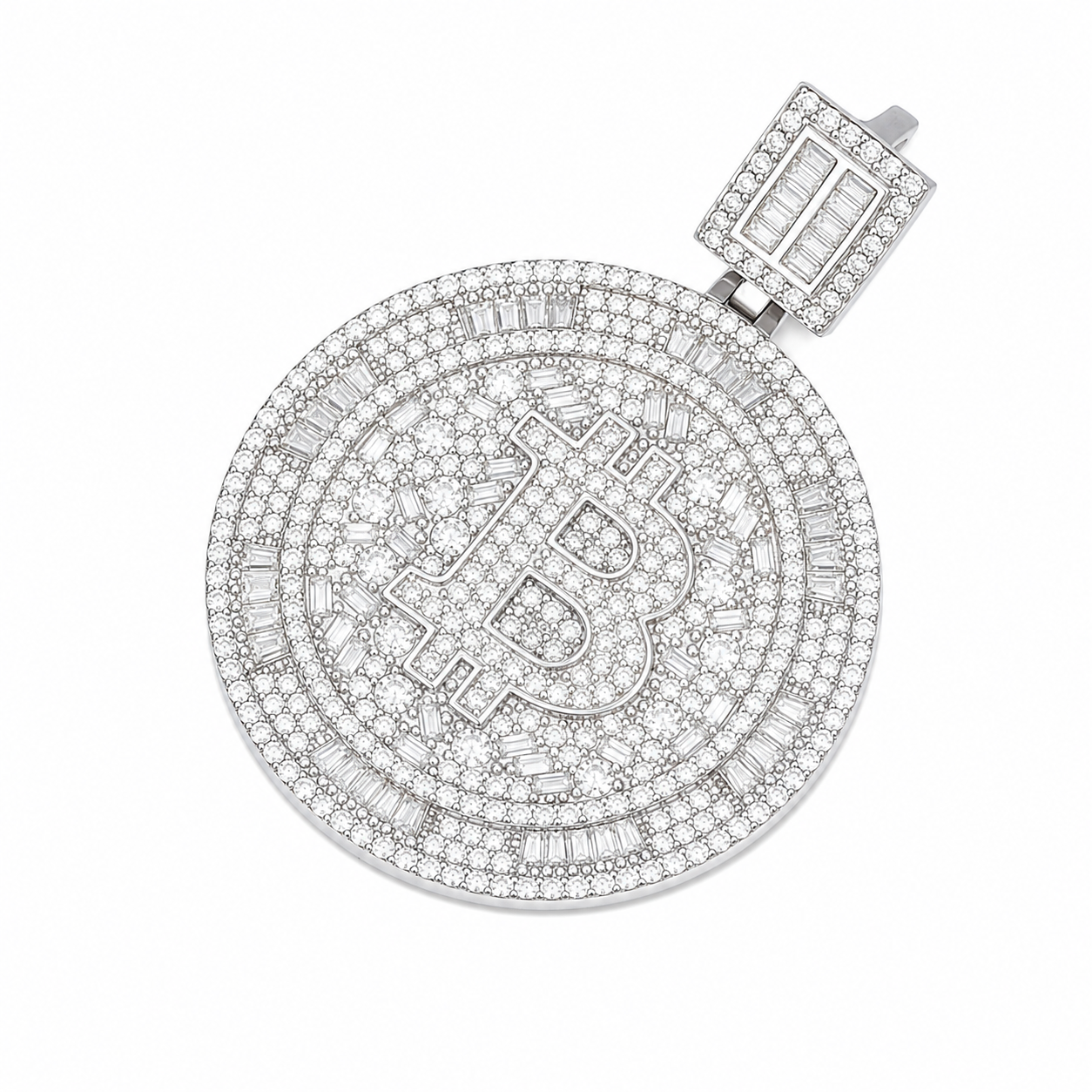 Iced Out Bitcoin Moissanite Pendant  14K Gold Plated Over 925 Sterling Silver