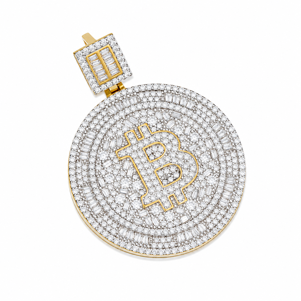 Iced Out Bitcoin Moissanite Pendant  14K Gold Plated Over 925 Sterling Silver