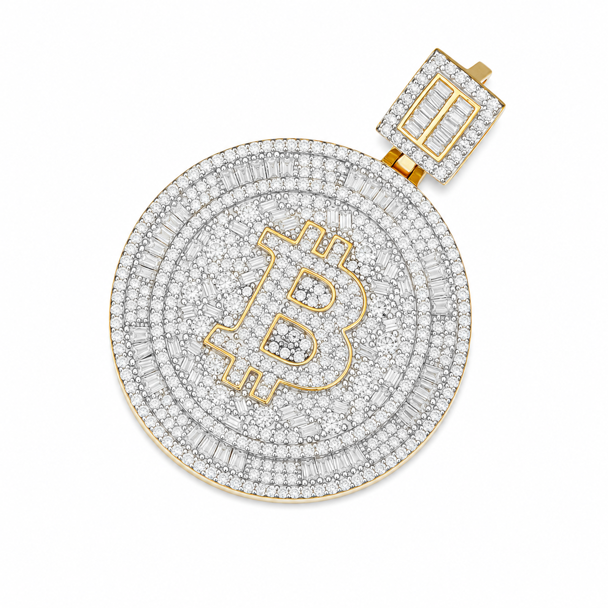 Iced Out Bitcoin Moissanite Pendant  14K Gold Plated Over 925 Sterling Silver