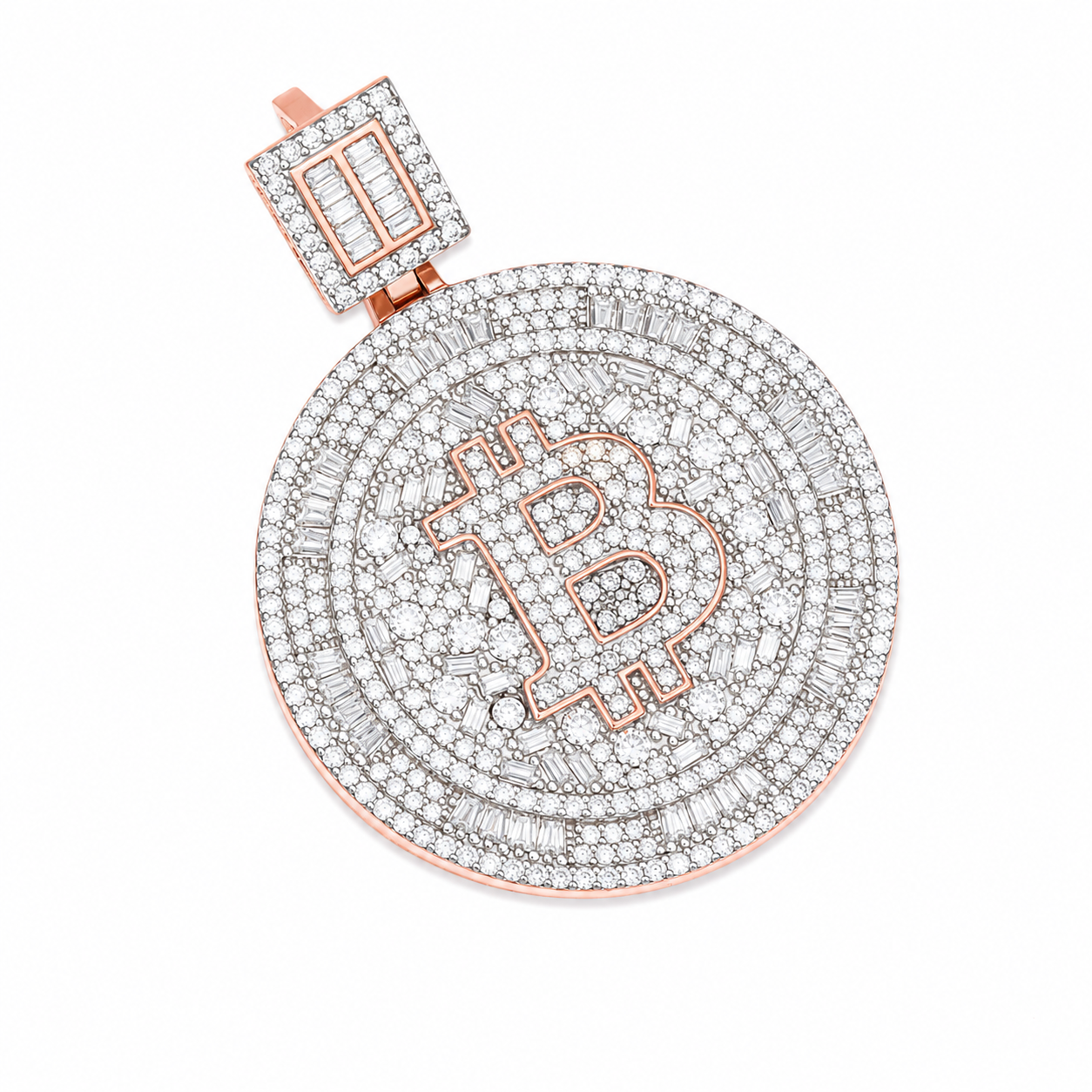 Iced Out Bitcoin Moissanite Pendant  14K Gold Plated Over 925 Sterling Silver