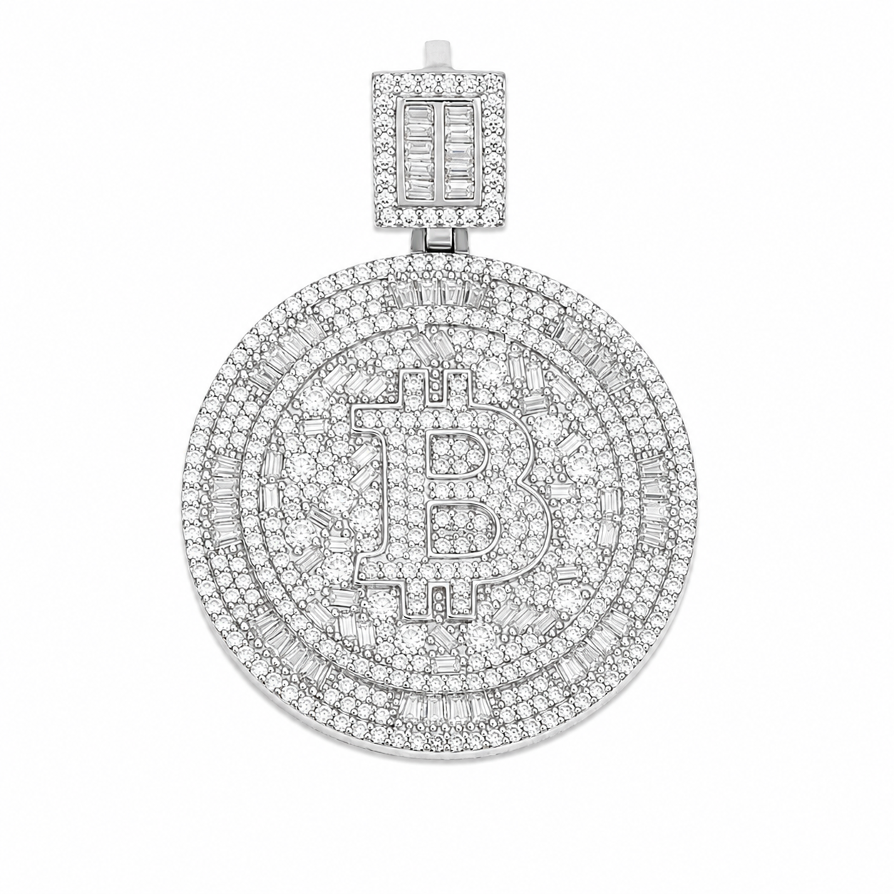 Iced Out Bitcoin Moissanite Pendant  14K Gold Plated Over 925 Sterling Silver