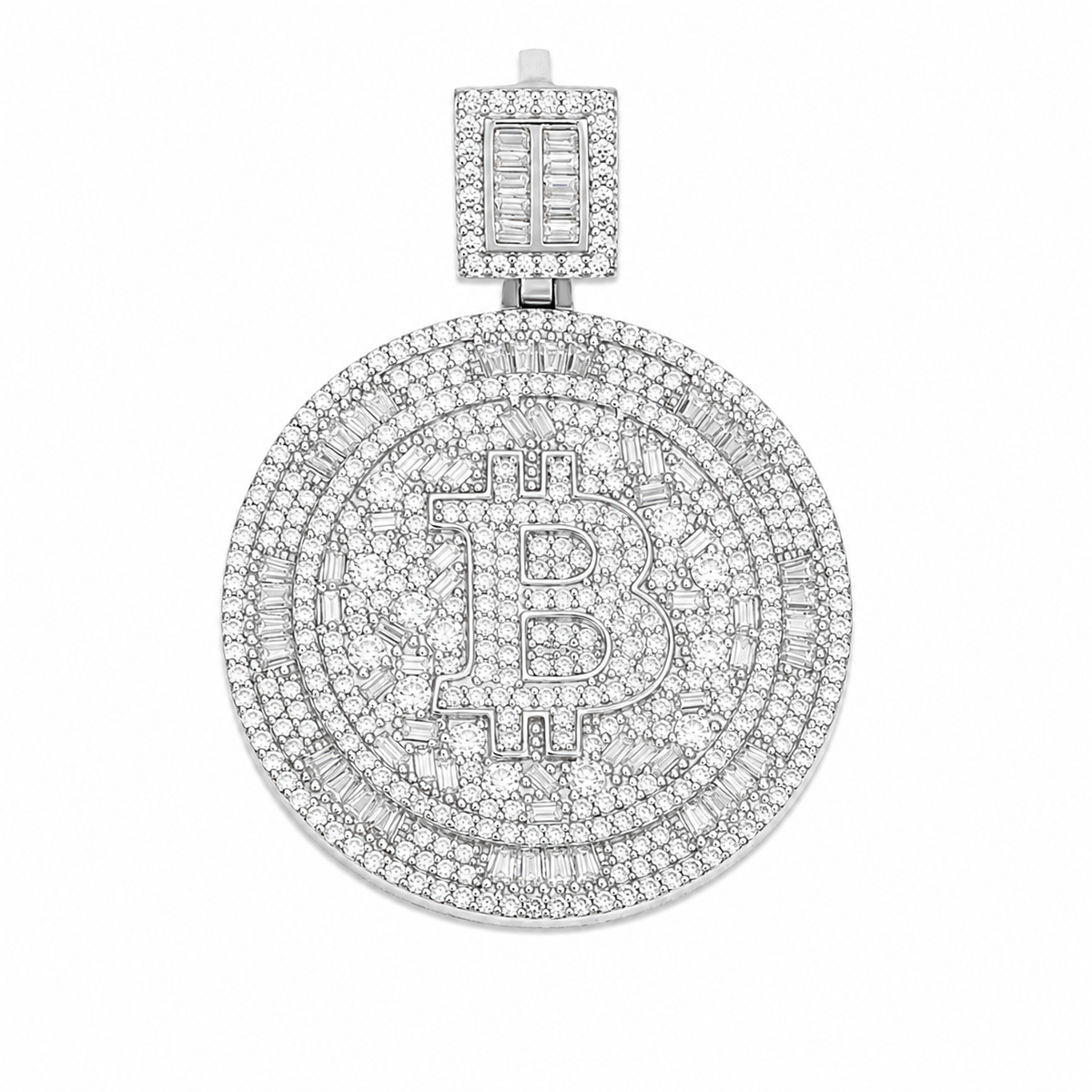 Iced Out Bitcoin Moissanite Pendant  14K Gold Plated Over 925 Sterling Silver