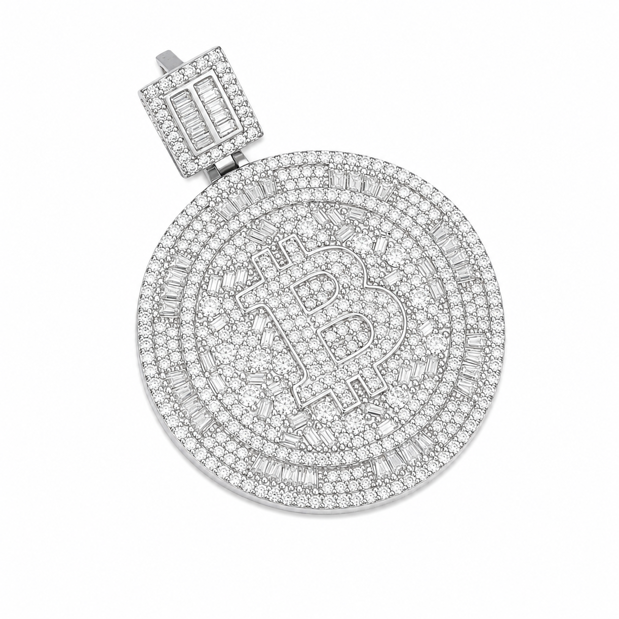 Iced Out Bitcoin Moissanite Pendant  14K Gold Plated Over 925 Sterling Silver
