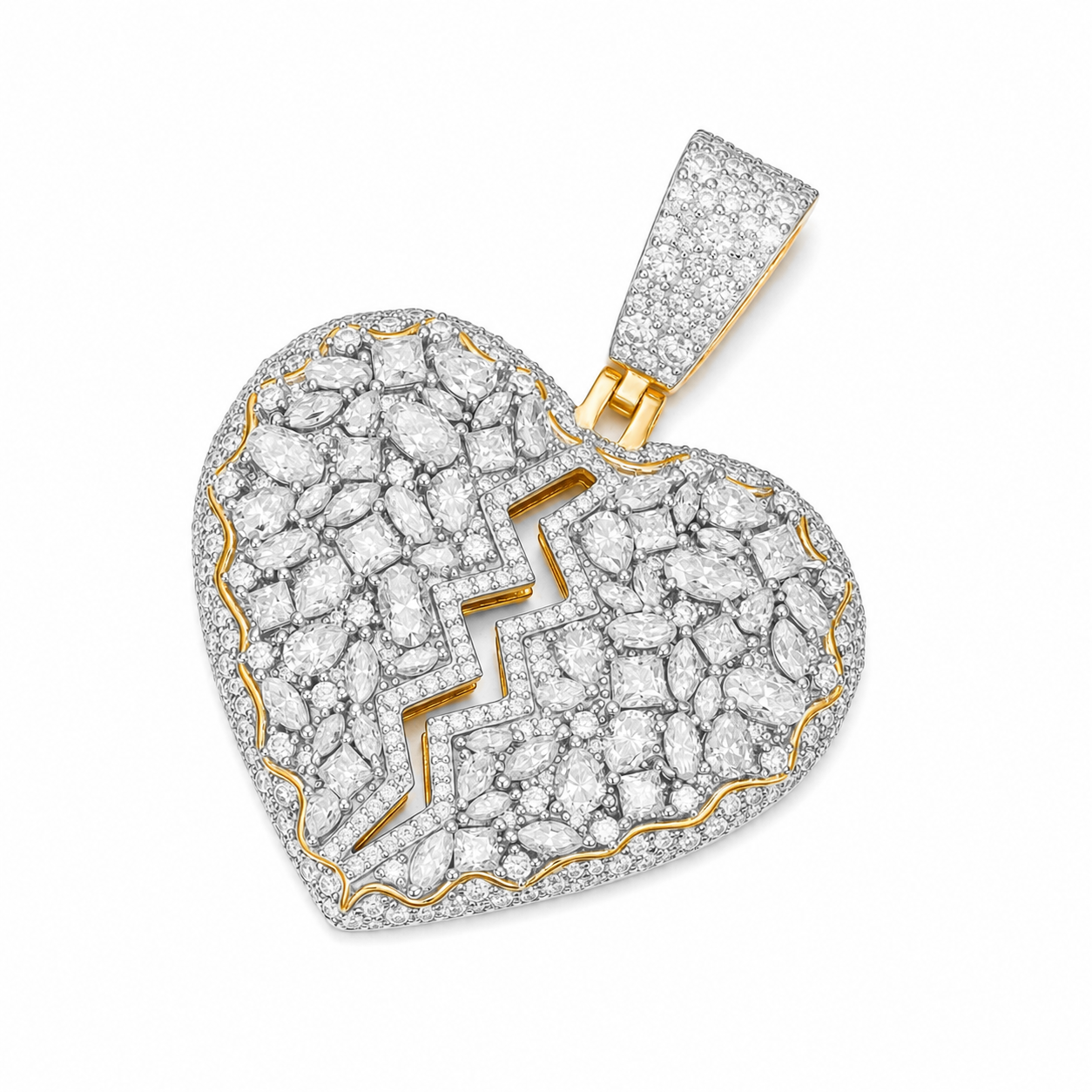 Iced Out Broken Heart Moissanite Pendant | 14K Gold Plated Over 925 Sterling Silver