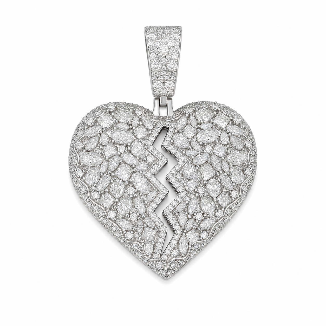 Iced Out Broken Heart Moissanite Pendant | 14K Gold Plated Over 925 Sterling Silver
