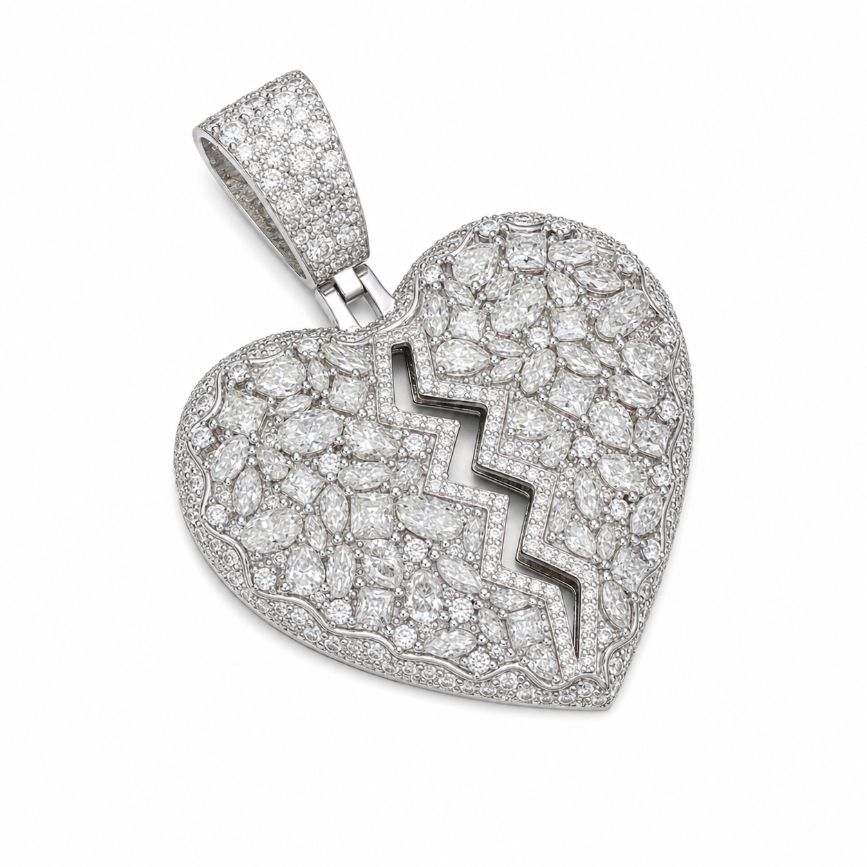 Iced Out Broken Heart Moissanite Pendant | 14K Gold Plated Over 925 Sterling Silver