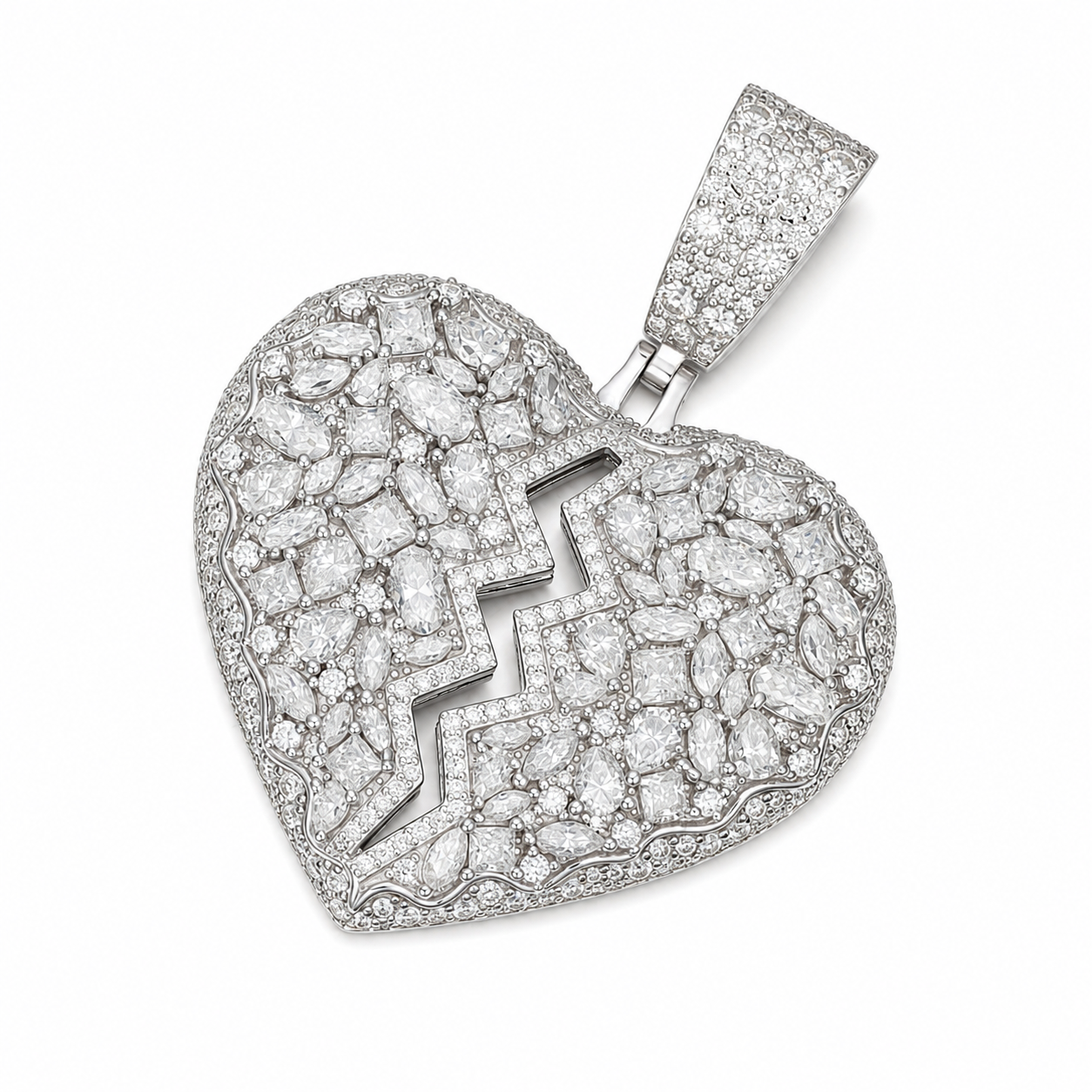 Iced Out Broken Heart Moissanite Pendant | 14K Gold Plated Over 925 Sterling Silver