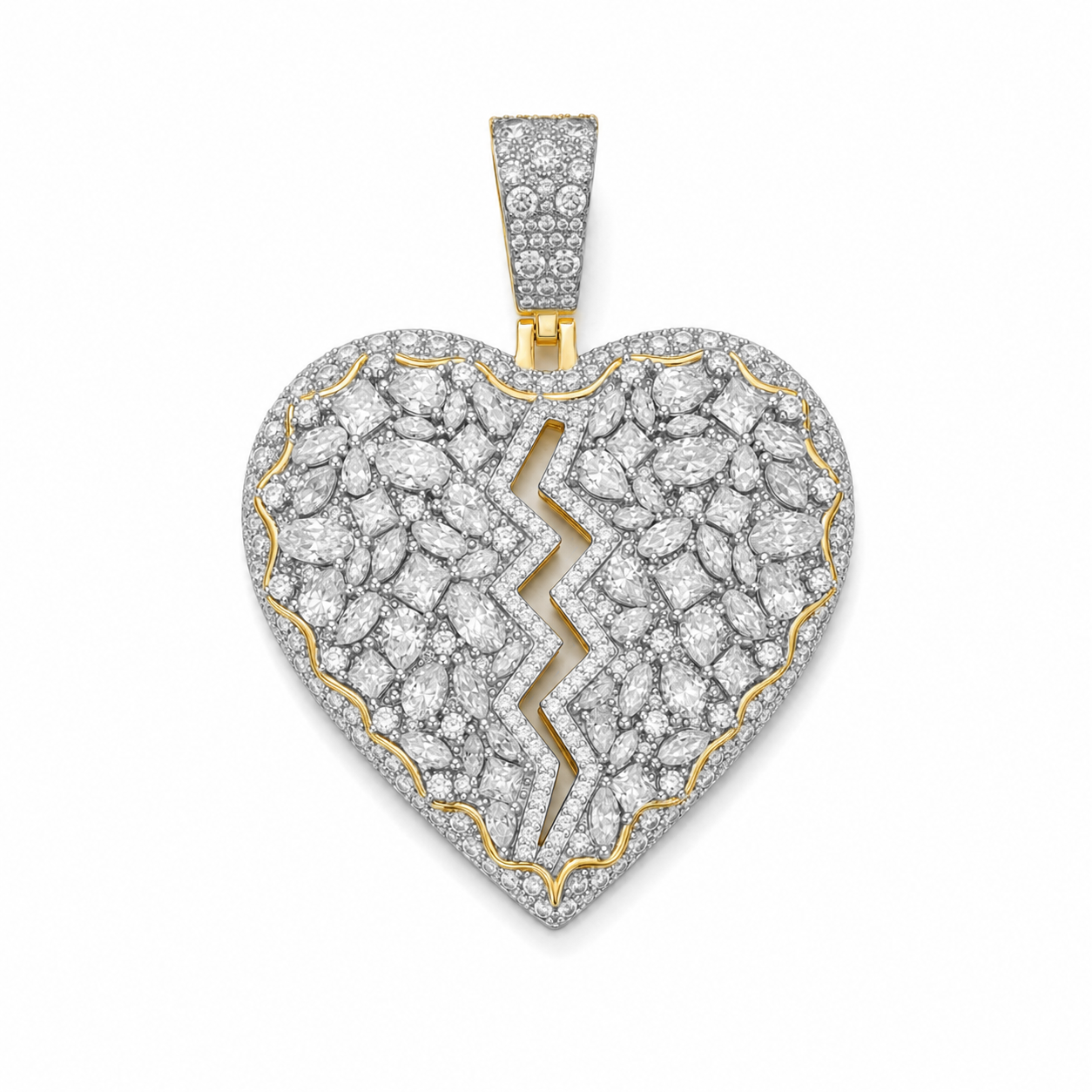 Iced Out Broken Heart Moissanite Pendant | 14K Gold Plated Over 925 Sterling Silver