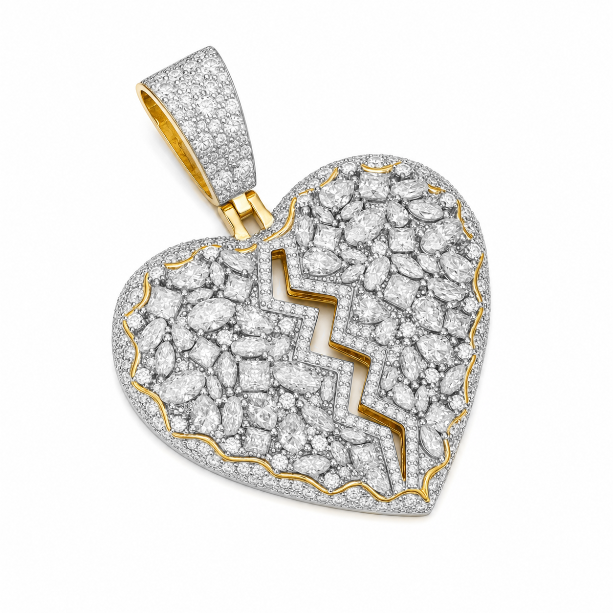 Iced Out Broken Heart Moissanite Pendant | 14K Gold Plated Over 925 Sterling Silver