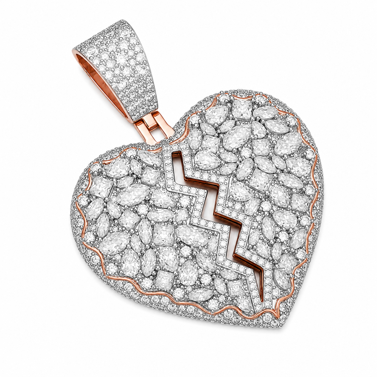 Iced Out Broken Heart Moissanite Pendant | 14K Gold Plated Over 925 Sterling Silver