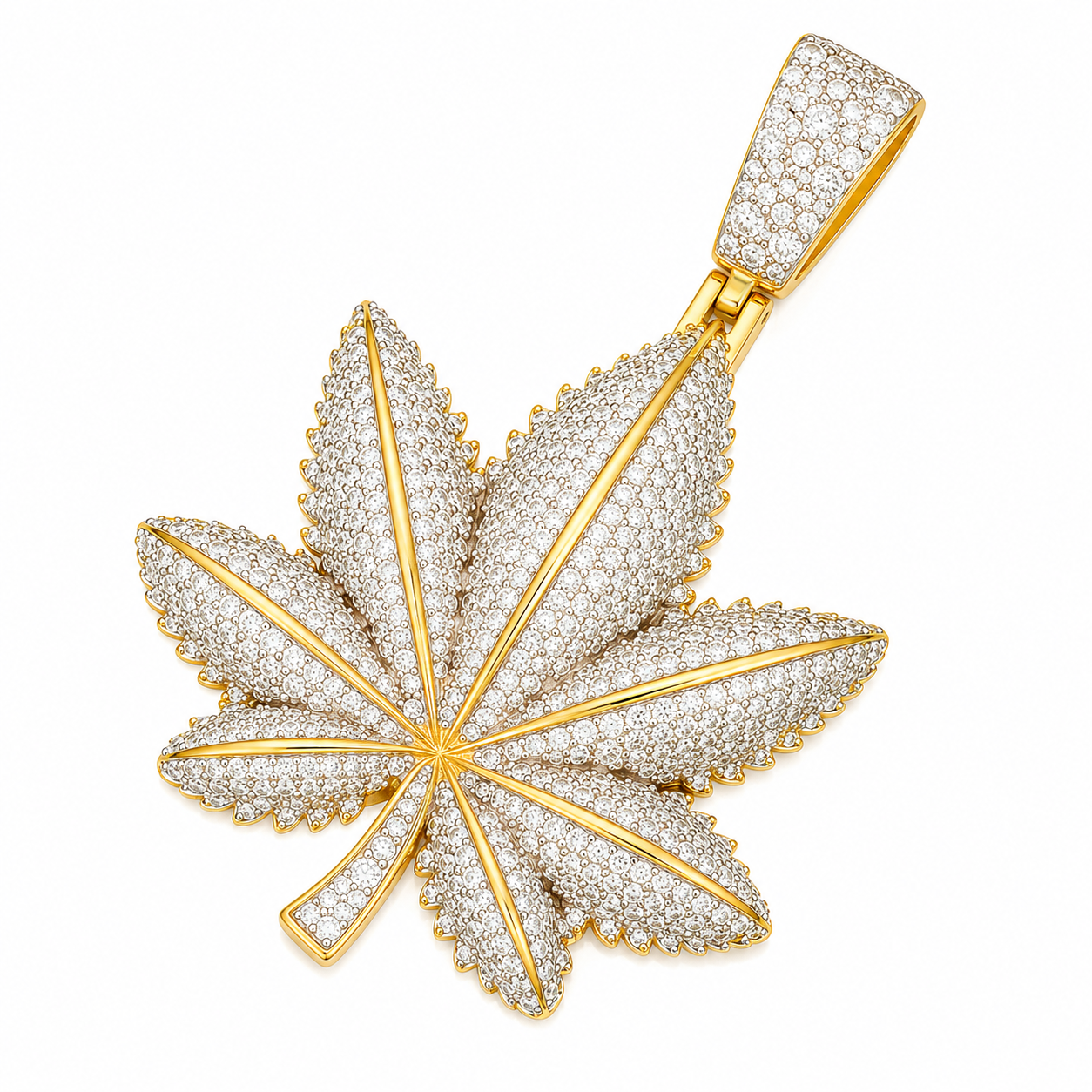 Iced Out Moissanite Cannabis Leaf Pendant  14K Gold Plated Over 925 Sterling Silver