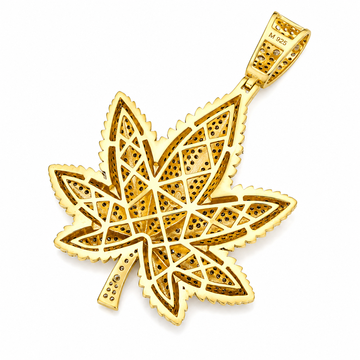 Iced Out Moissanite Cannabis Leaf Pendant  14K Gold Plated Over 925 Sterling Silver