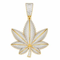 Iced Out Moissanite Cannabis Leaf Pendant  14K Gold Plated Over 925 Sterling Silver