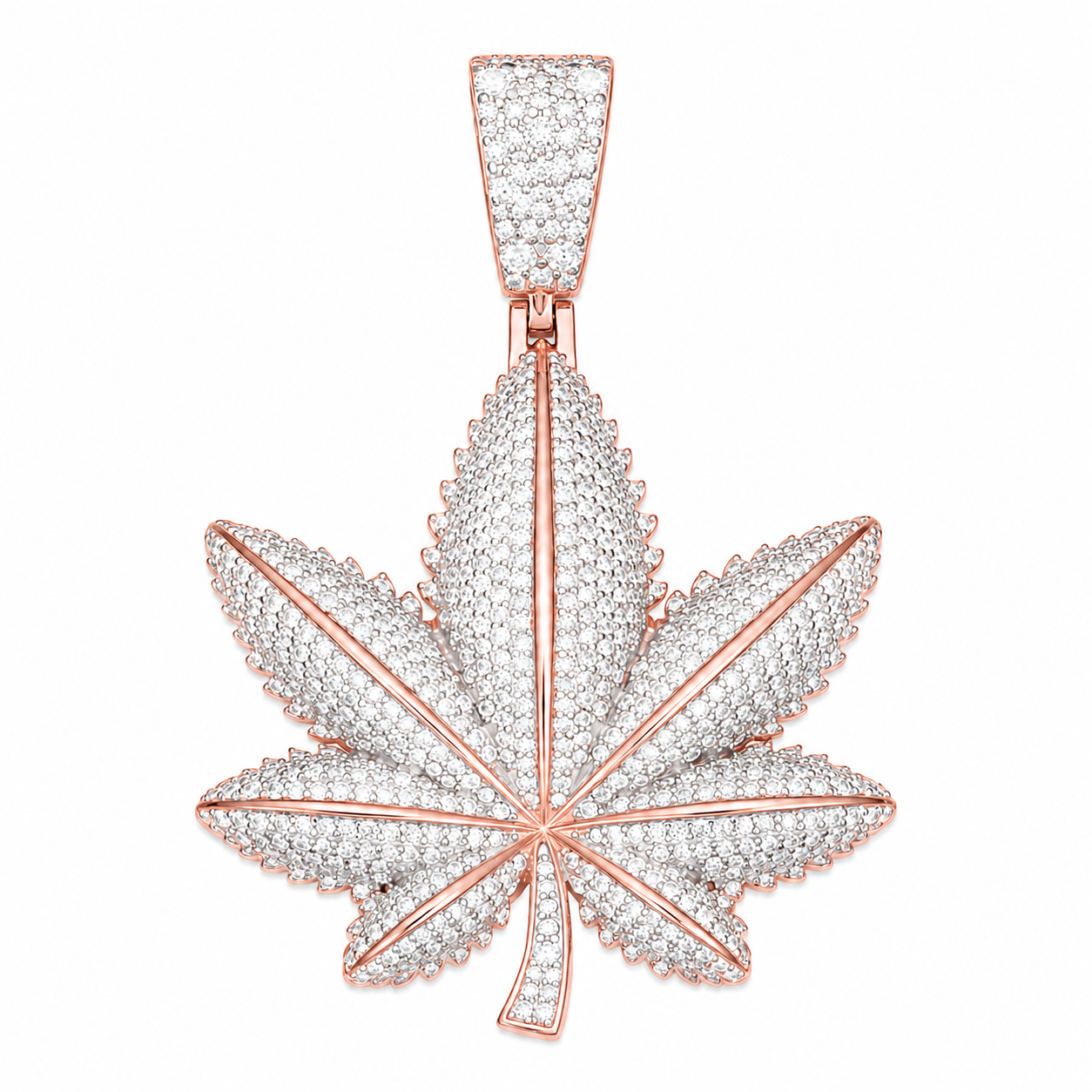 Iced Out Moissanite Cannabis Leaf Pendant  14K Gold Plated Over 925 Sterling Silver