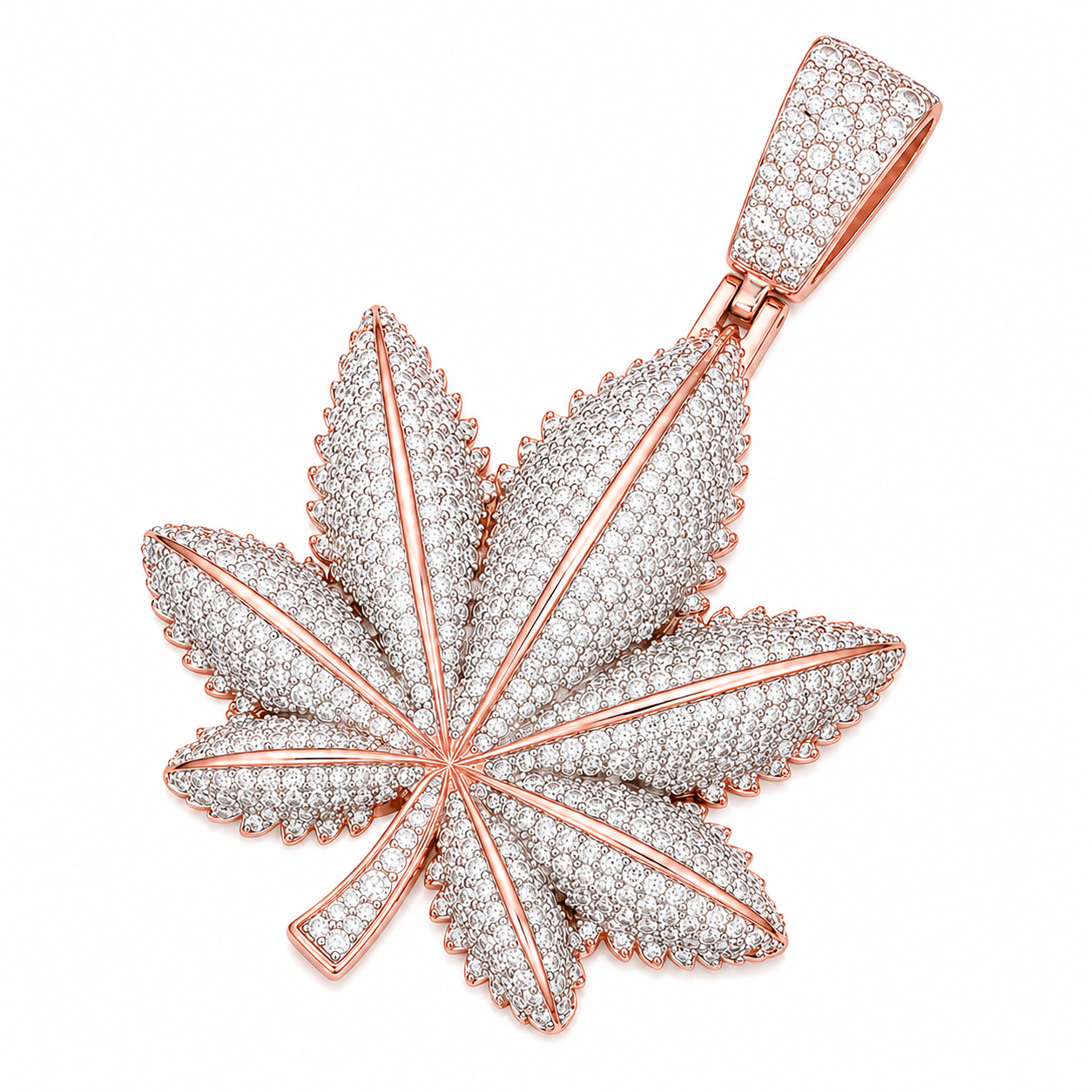 Iced Out Moissanite Cannabis Leaf Pendant  14K Gold Plated Over 925 Sterling Silver