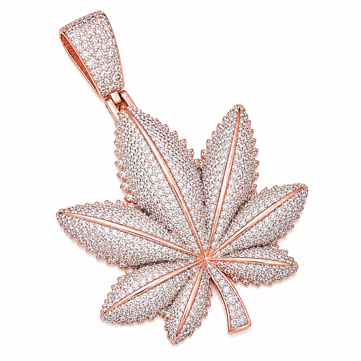 Iced Out Moissanite Cannabis Leaf Pendant  14K Gold Plated Over 925 Sterling Silver